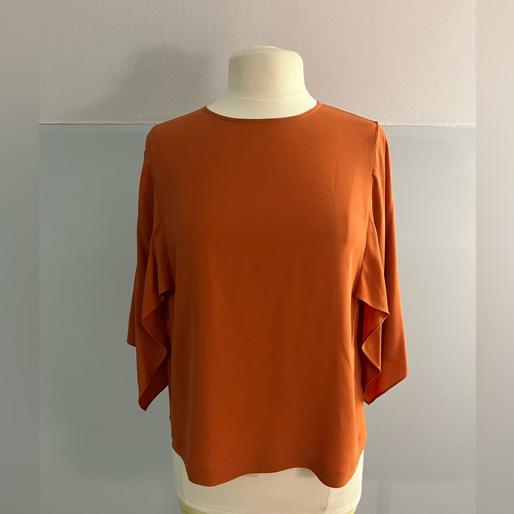 Eileen Fisher Cape-Sleeve 100% Silk Top‎ Orange Pekoe XS MSRP $328